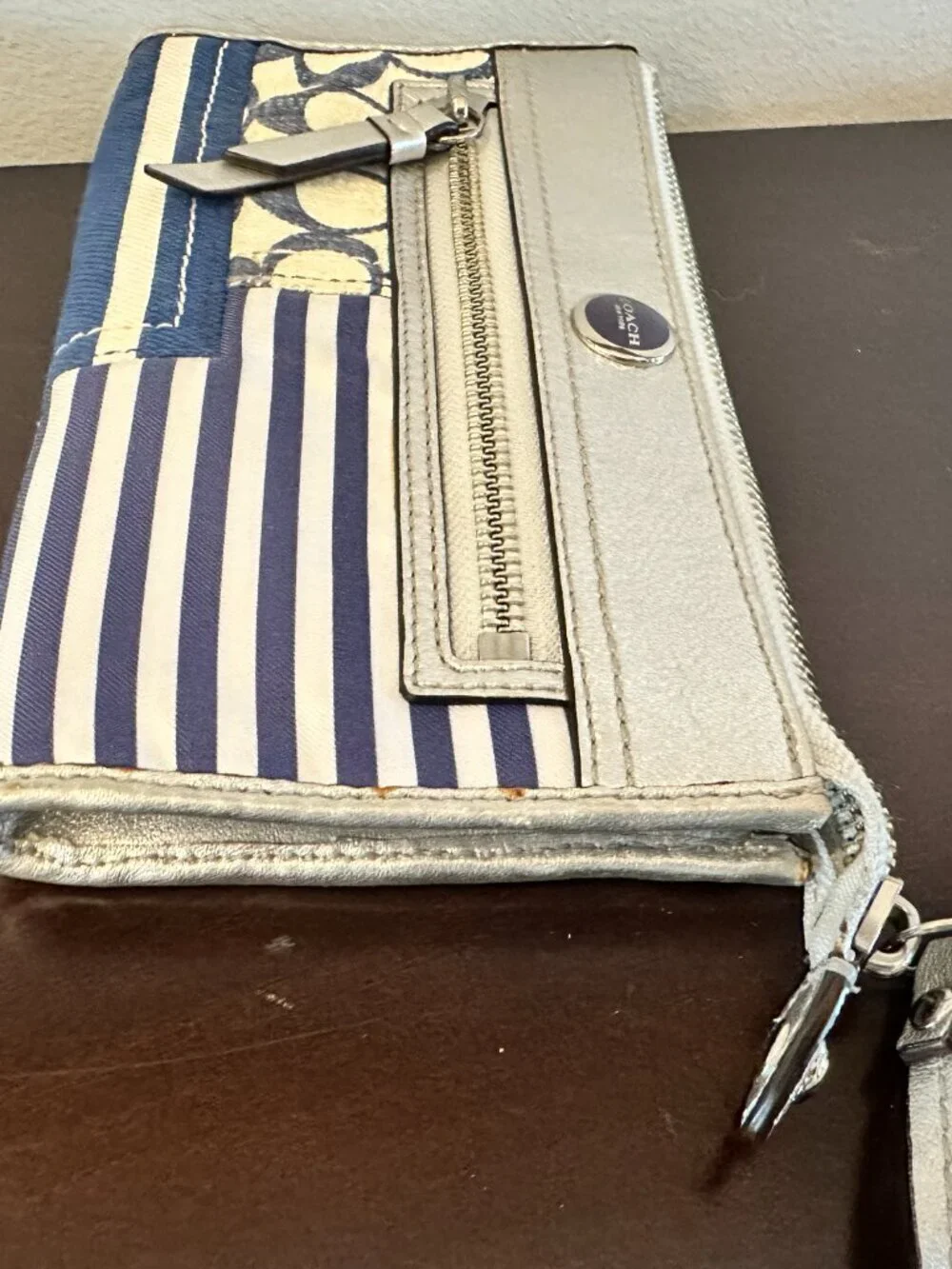 Coach Metallic Silver Leather/Canvas Patchwork Zip Wallet Wristlet Blue White